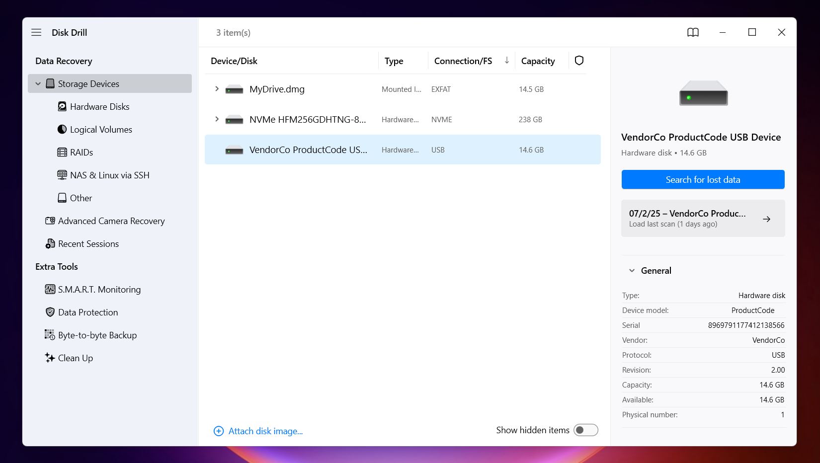 The list of
                                   available storage devices