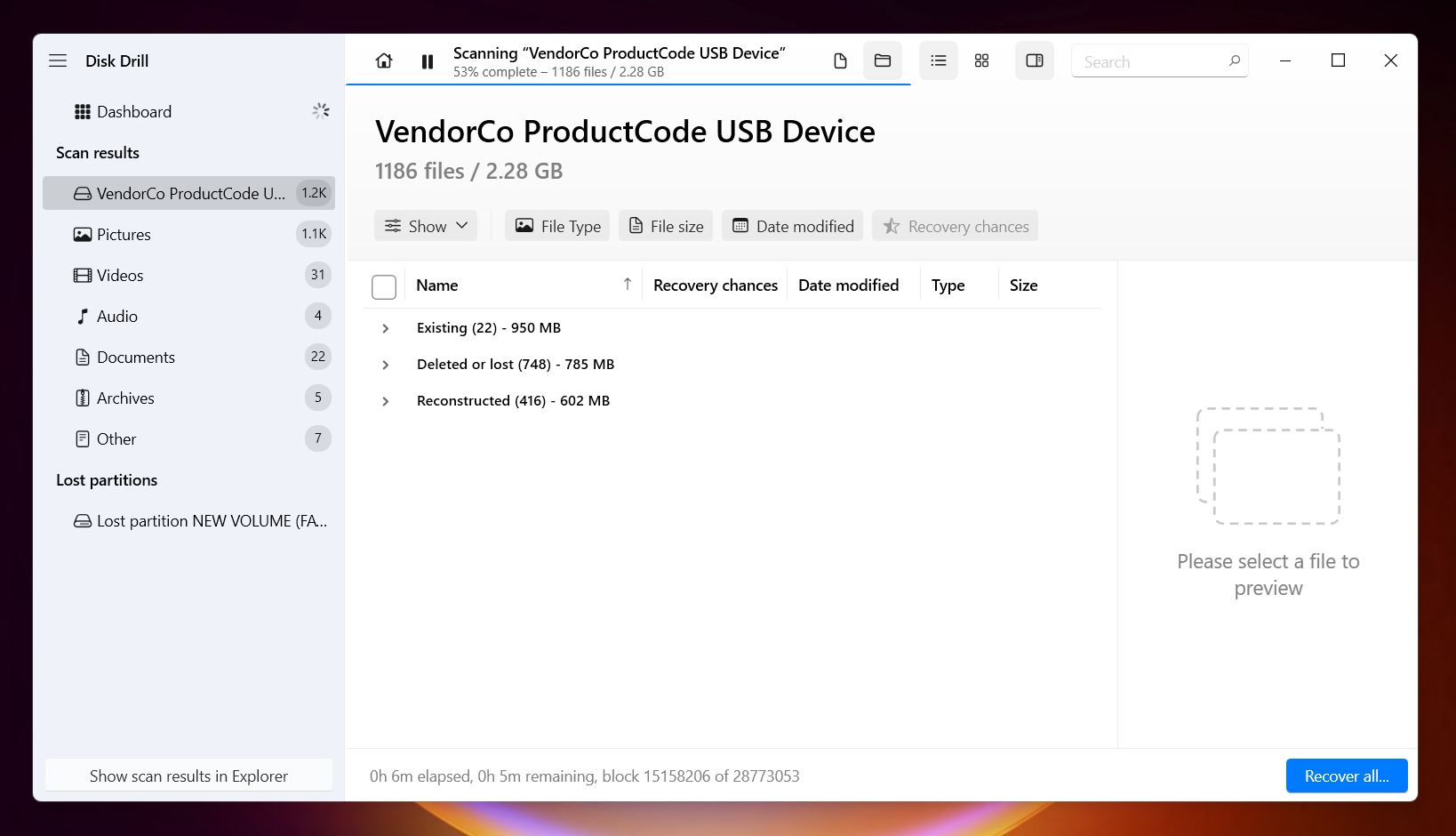 Disk Drill splits the files into three
                                   main groups