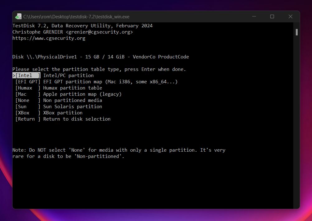 Choose the partition table type
