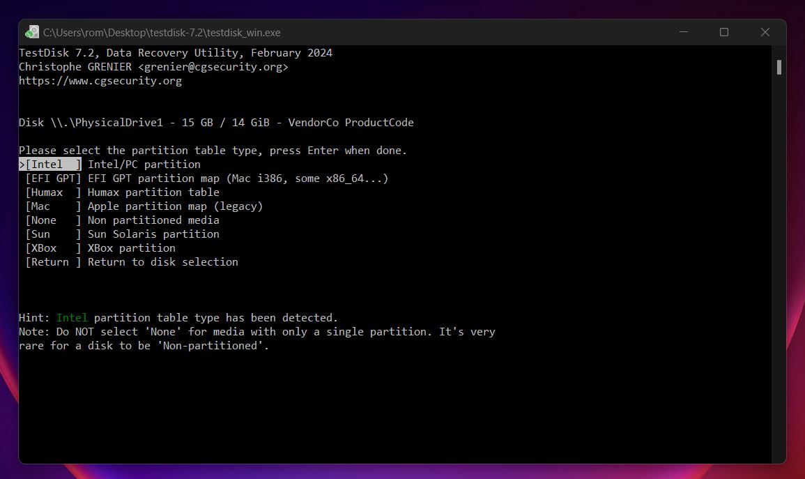 Select the partition table type